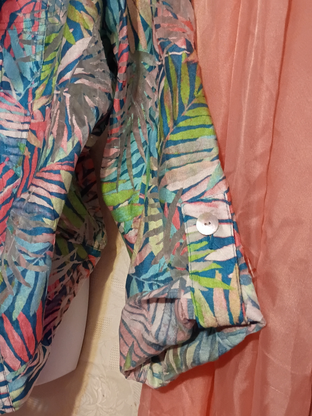 Ruby Rd. Multicolor Tropical Print/Sheer Button Down Shirt - Picture 6 of 8